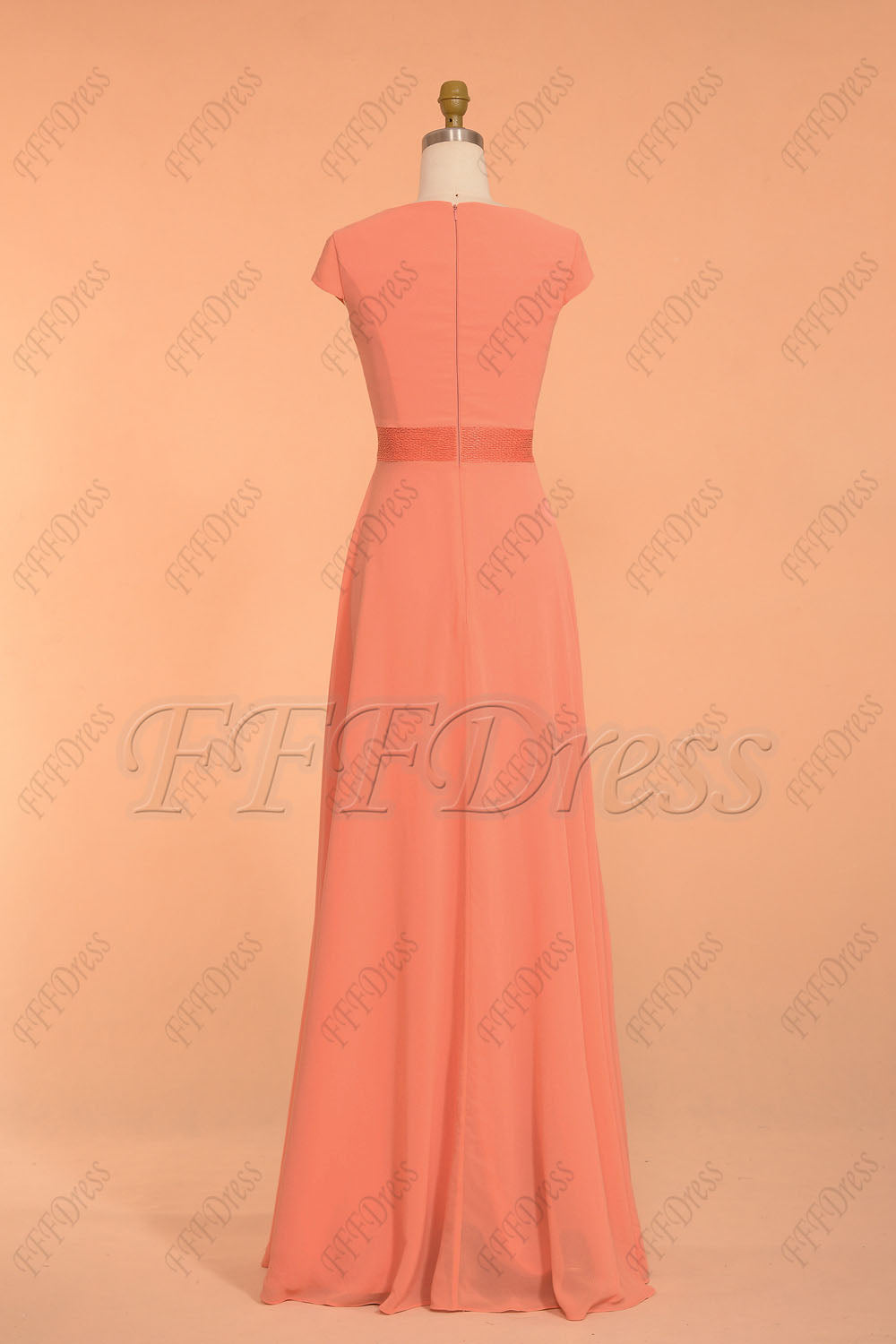 Coral Beaded Ruched Modest Bridesmaid Dresses Long