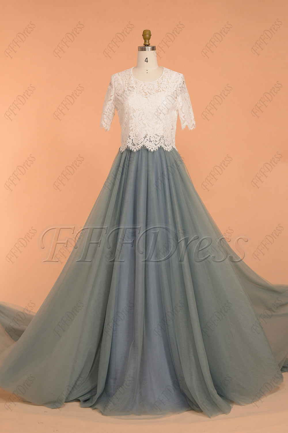 Modest slate blue tulle bridesmaid dress with bolero