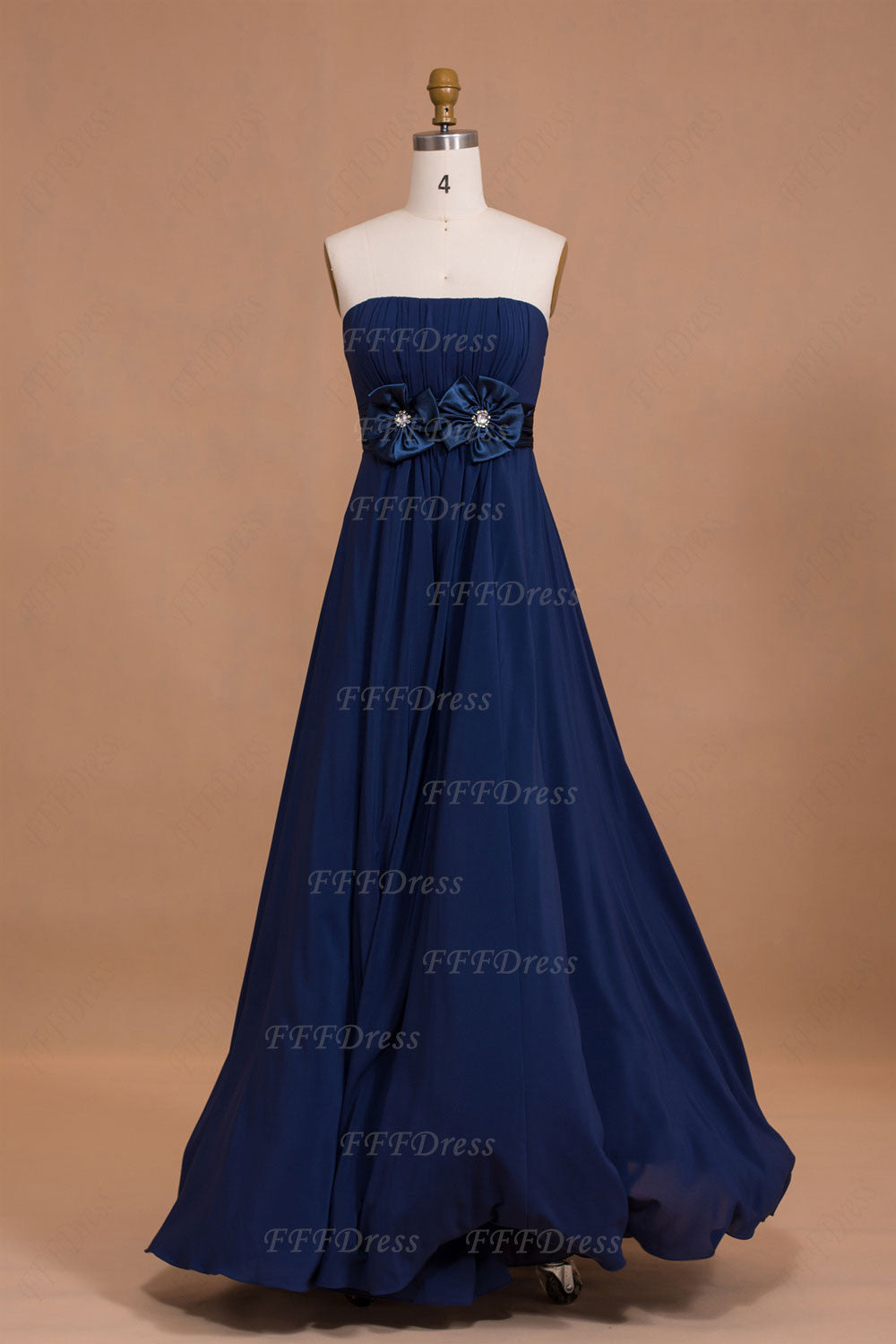 Strapless Navy Blue Long Bridesmaid Dresses with Flowers