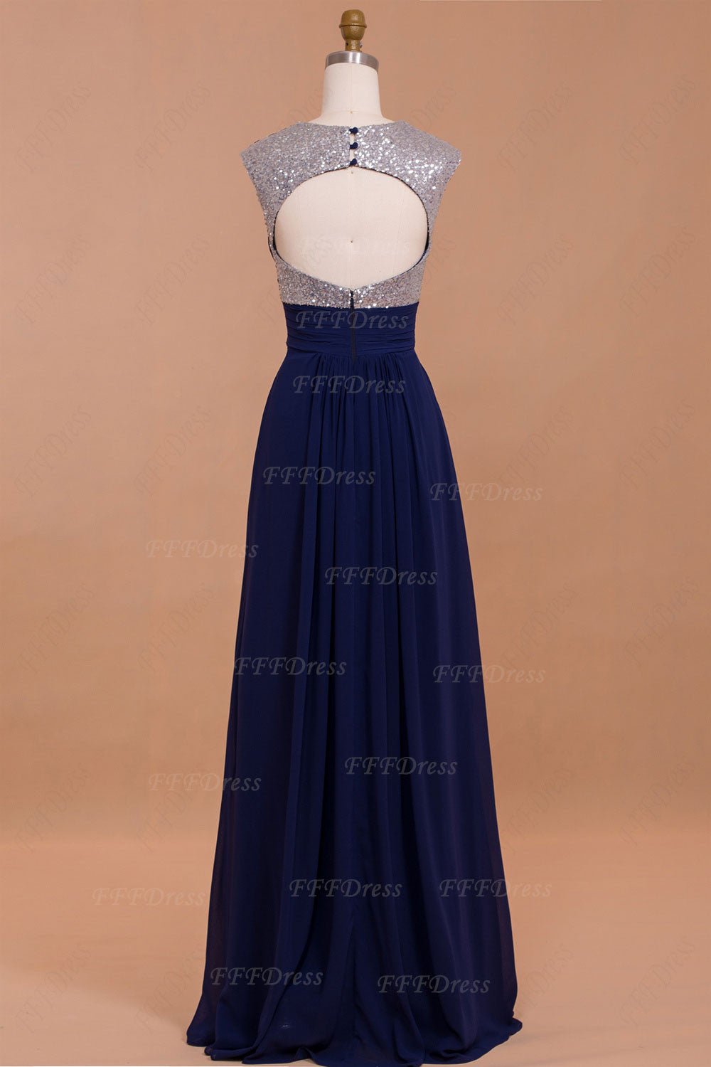 Silver Sequin Navy Blue Backless Prom Dresses