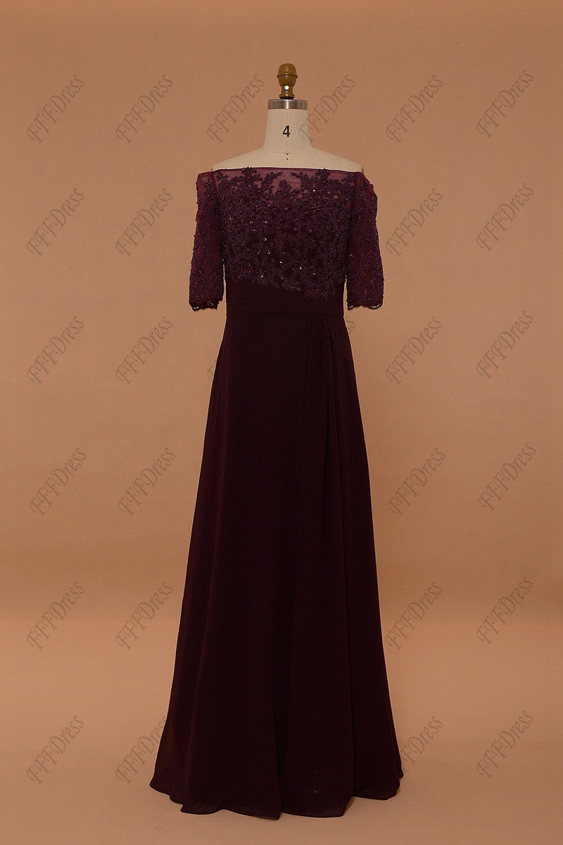Off the shoulder beaded Plum bridesmaid dresses with sleeves