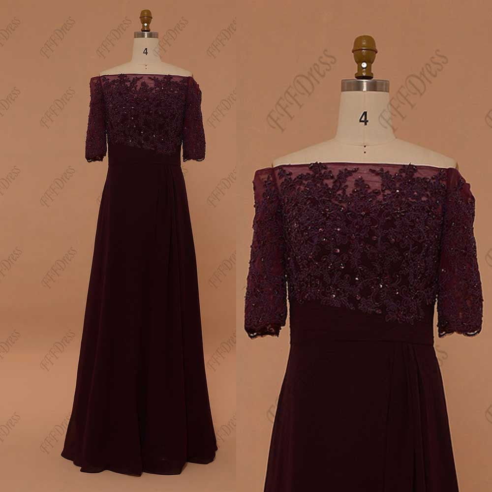Off the shoulder beaded Plum bridesmaid dresses with sleeves