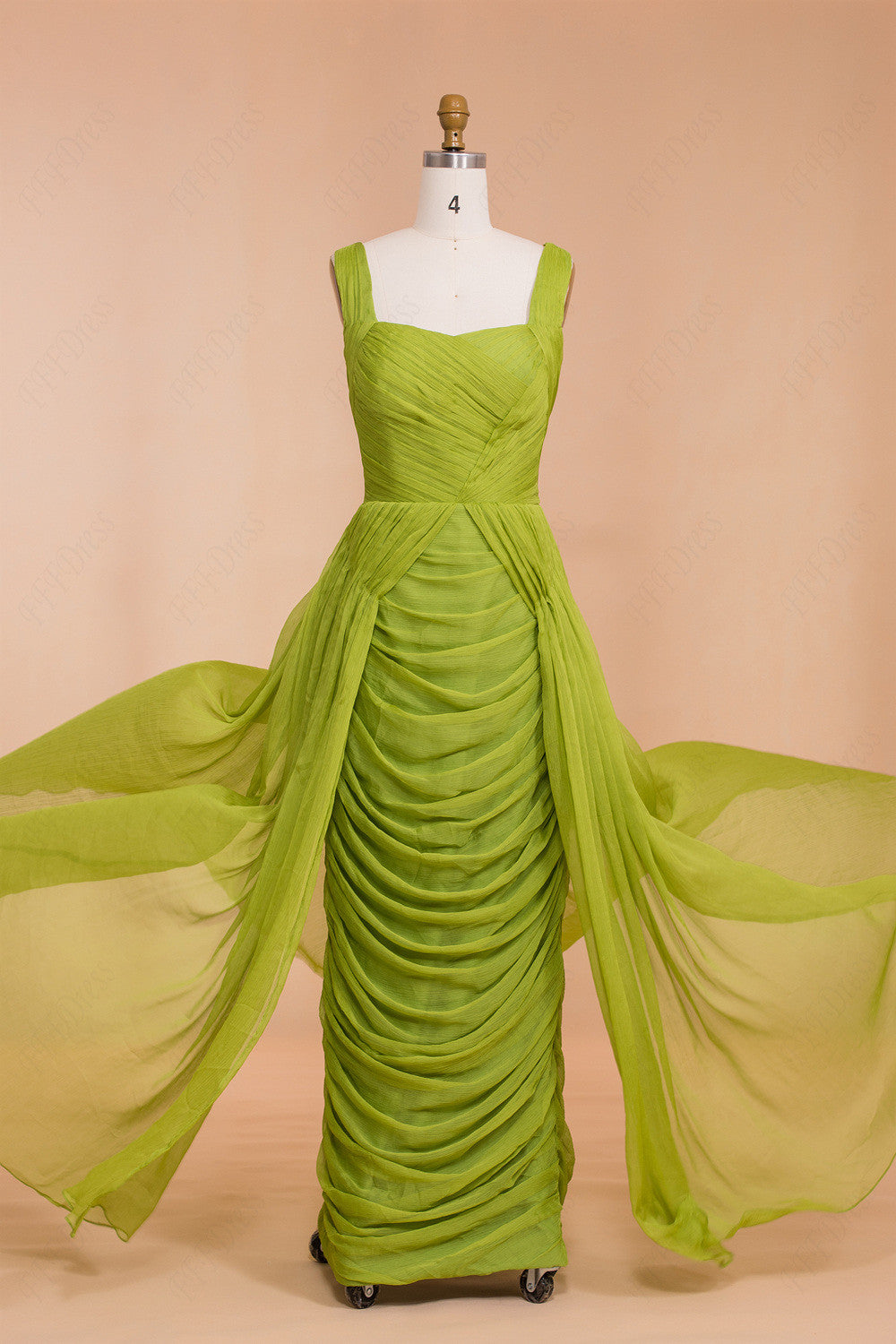 Ruched Lime green Chiffon Long Prom Dresses