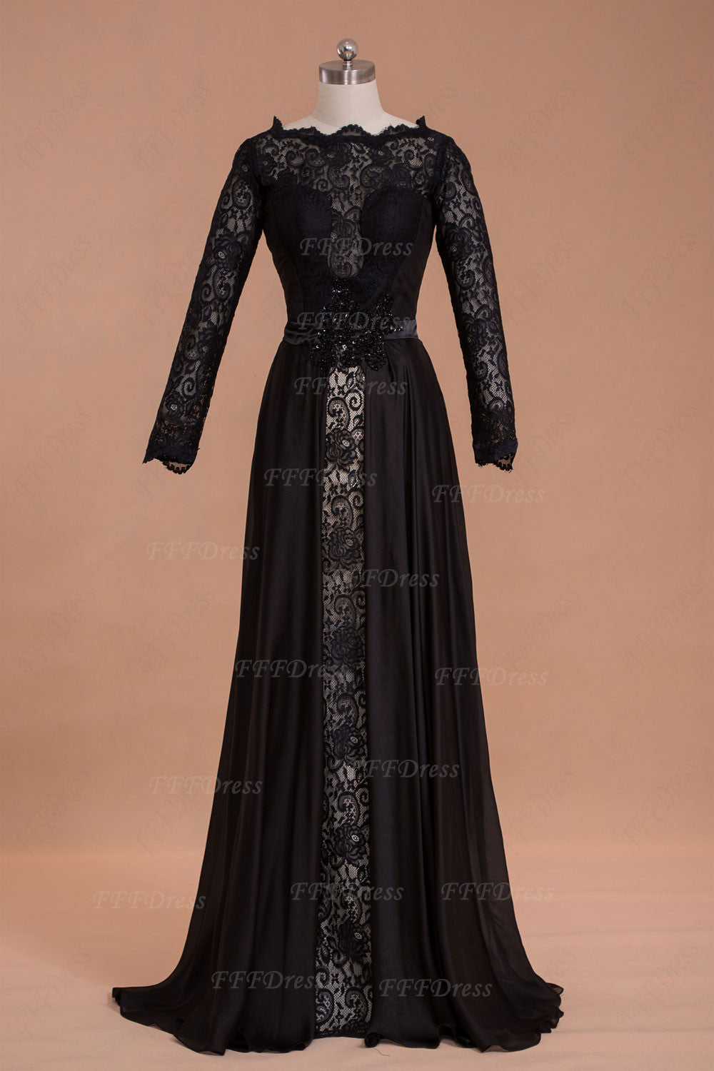 Modest Black Backless Prom Dresses Long Sleeves