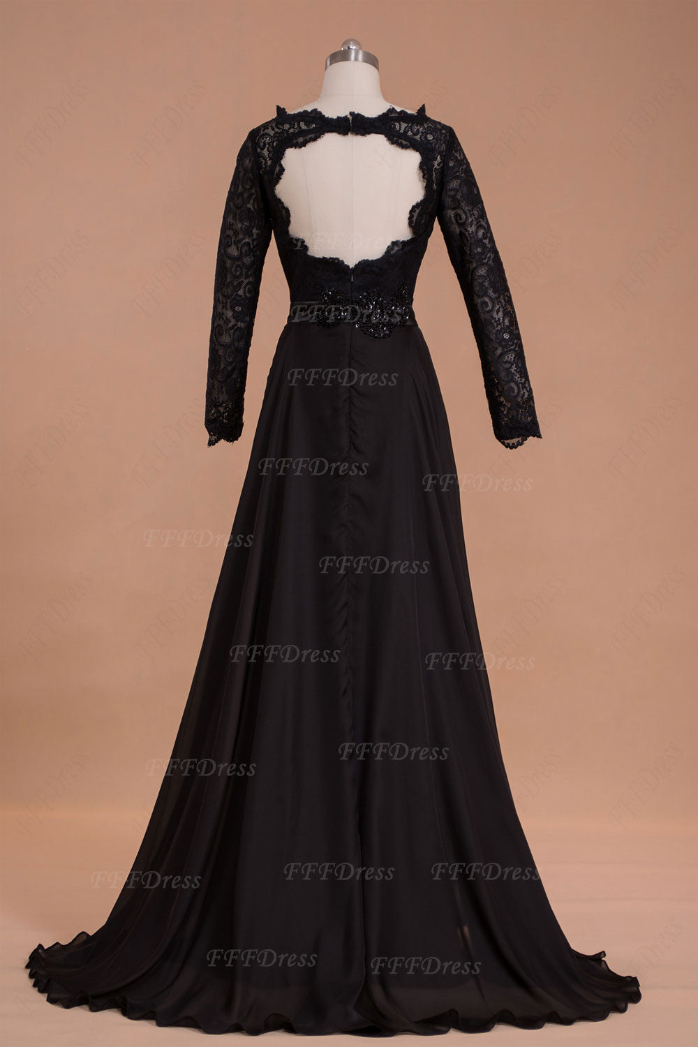 Modest Black Backless Prom Dresses Long Sleeves