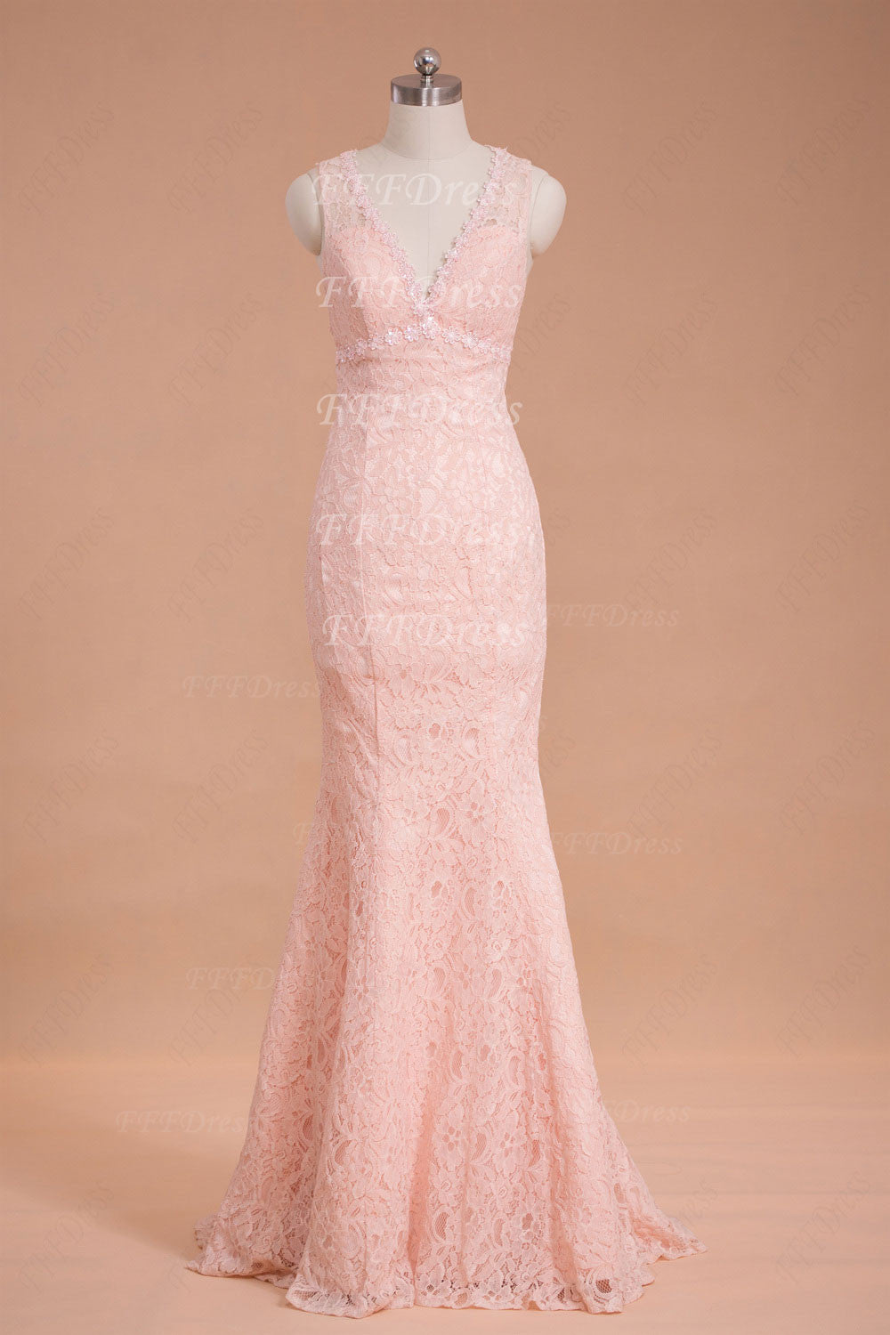 Peach pink mermaid backless lace prom dresses