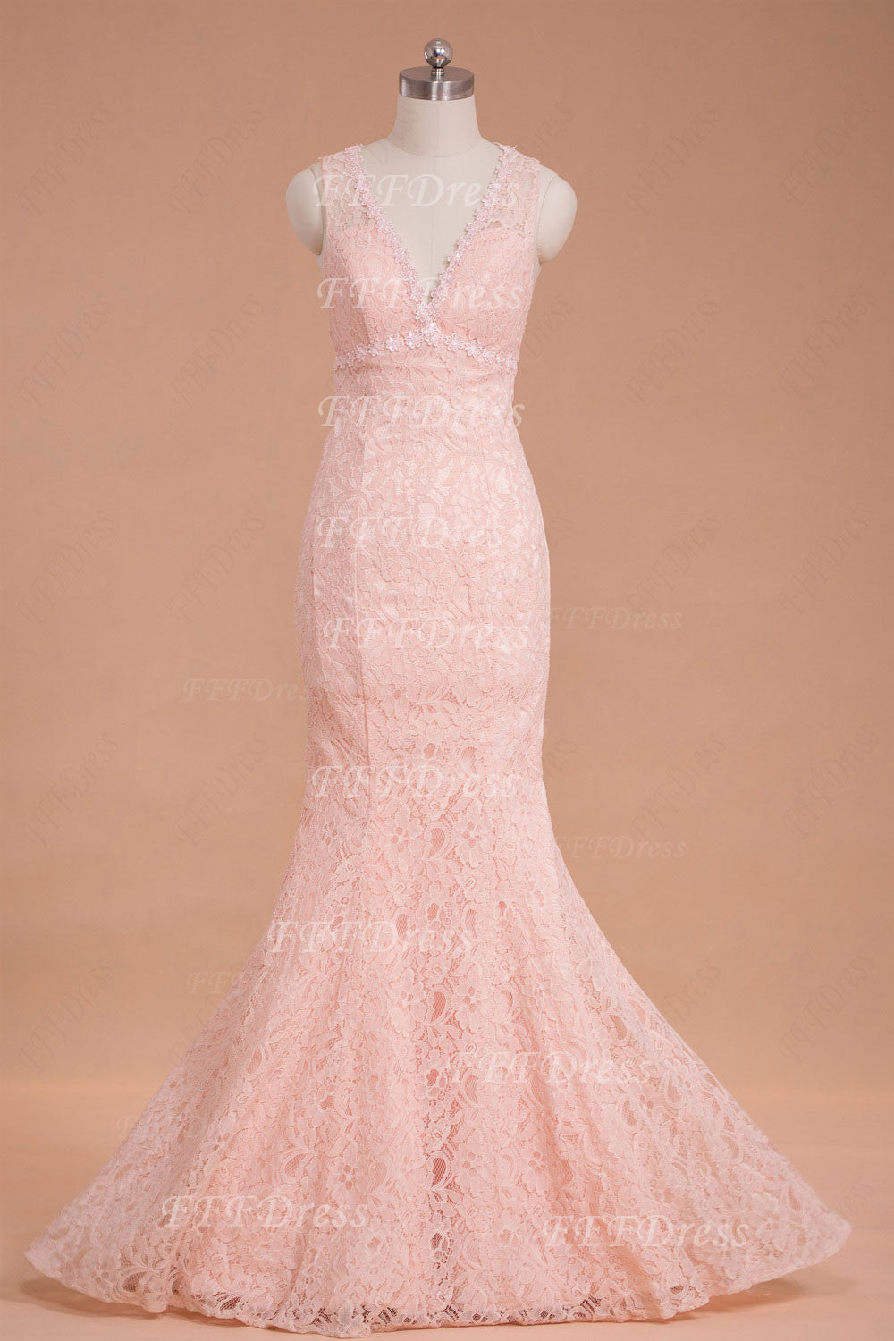 Peach pink mermaid backless lace prom dresses
