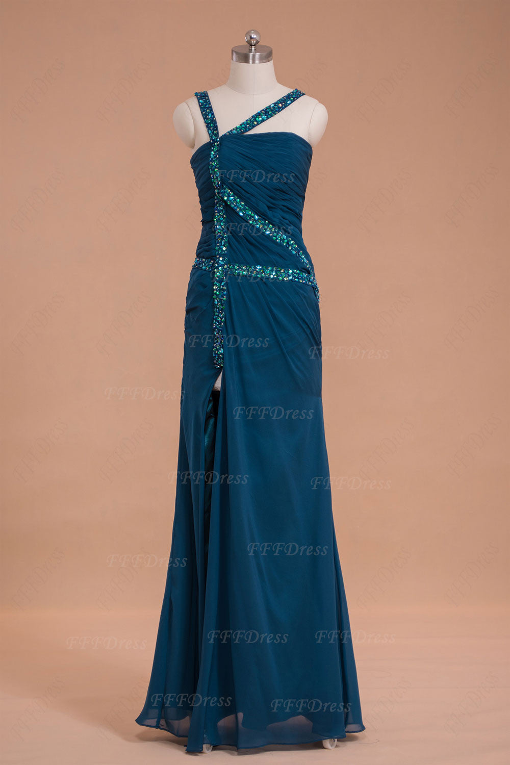 Trumpet teal color long prom dress with slit