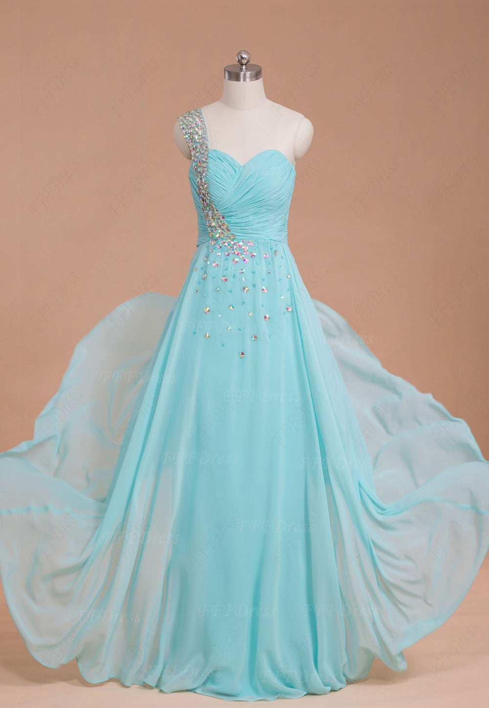 Light blue crystals long prom dresses