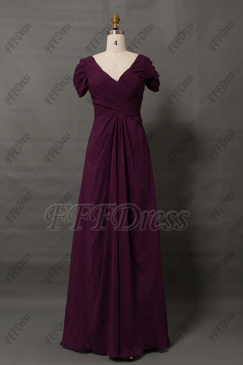 Modest plum mother of the bride dress with sleeves V neck
