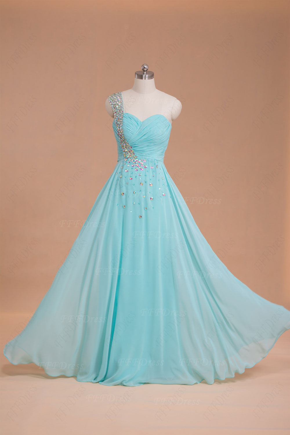 Light blue crystals long prom dresses