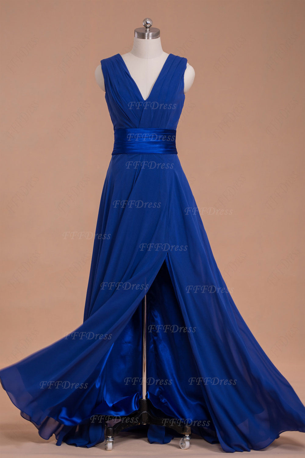 V Neck Royal blue long bridesmaid dresses with slit