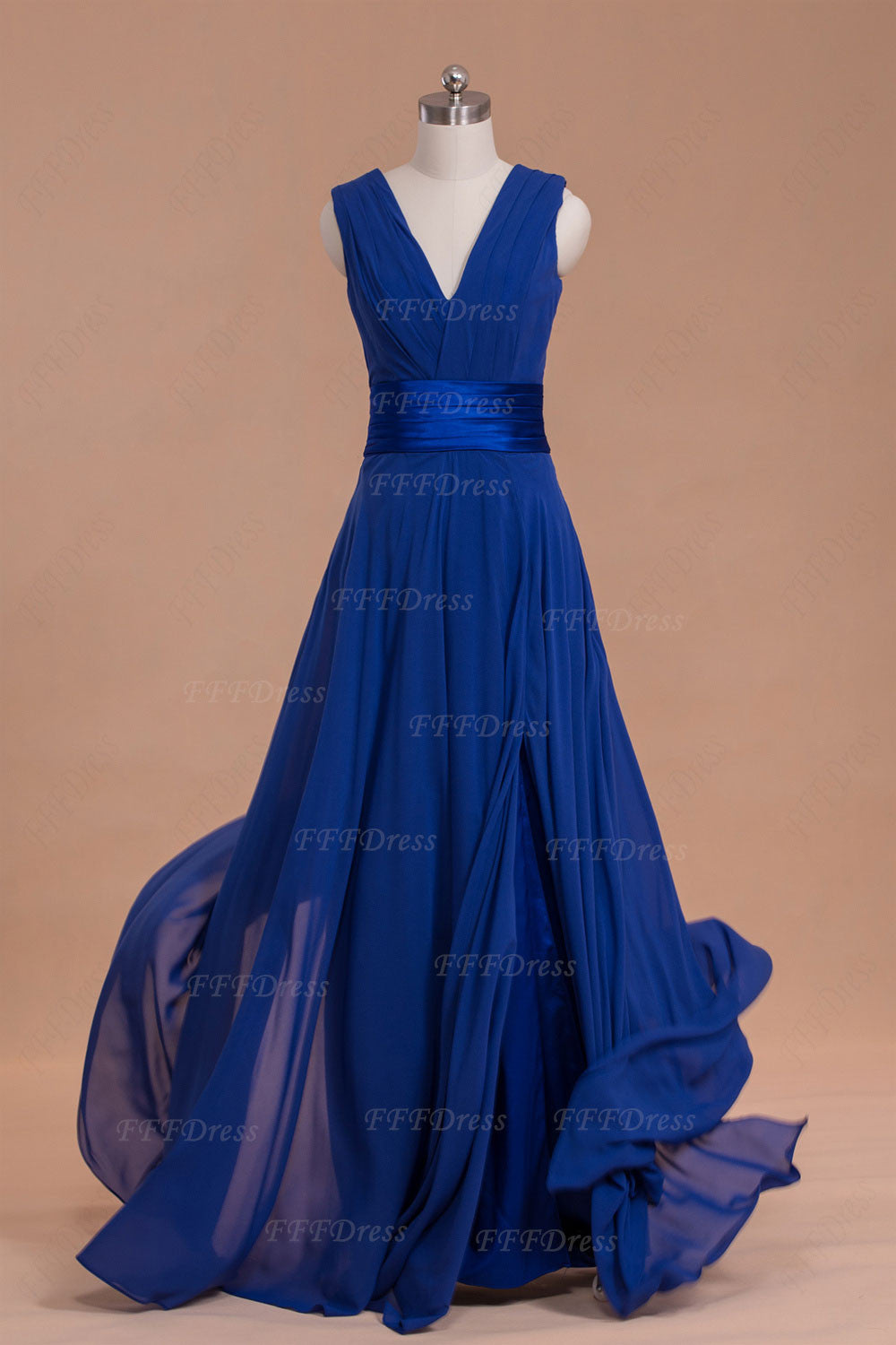V Neck Royal blue long bridesmaid dresses with slit