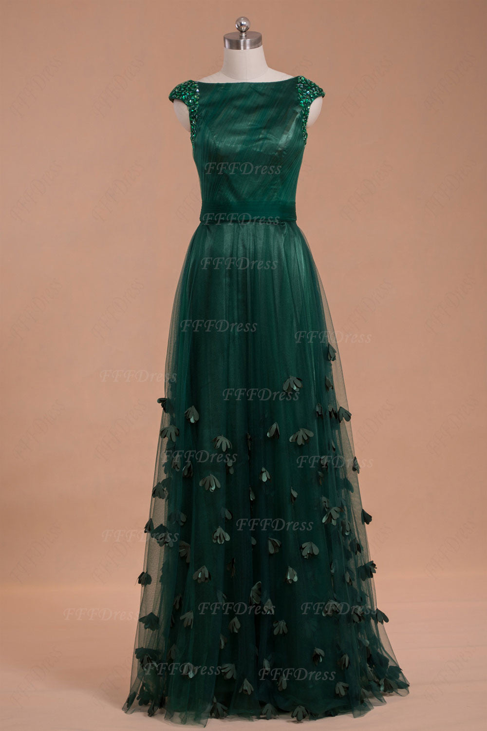 capped sleeves Modest dark green long prom dress with flowers