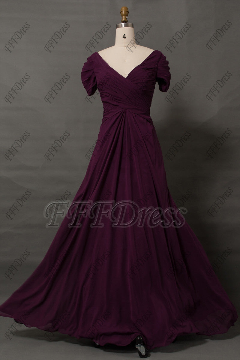 Modest plum mother of the bride dress with sleeves V neck