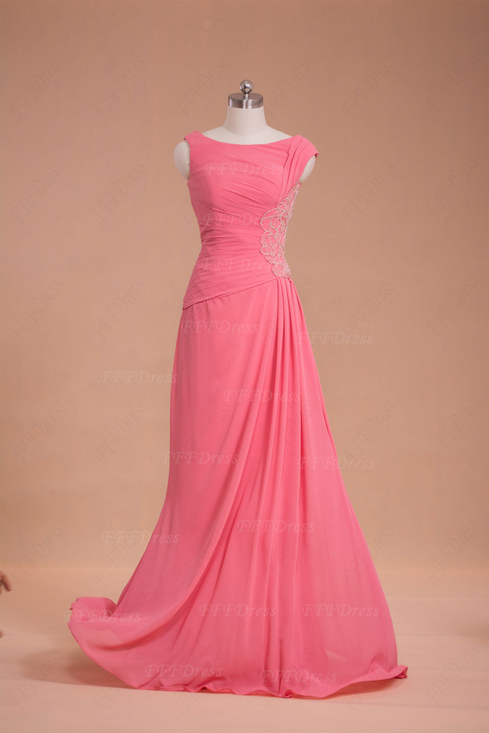 Modest pink Beaded prom dresses long