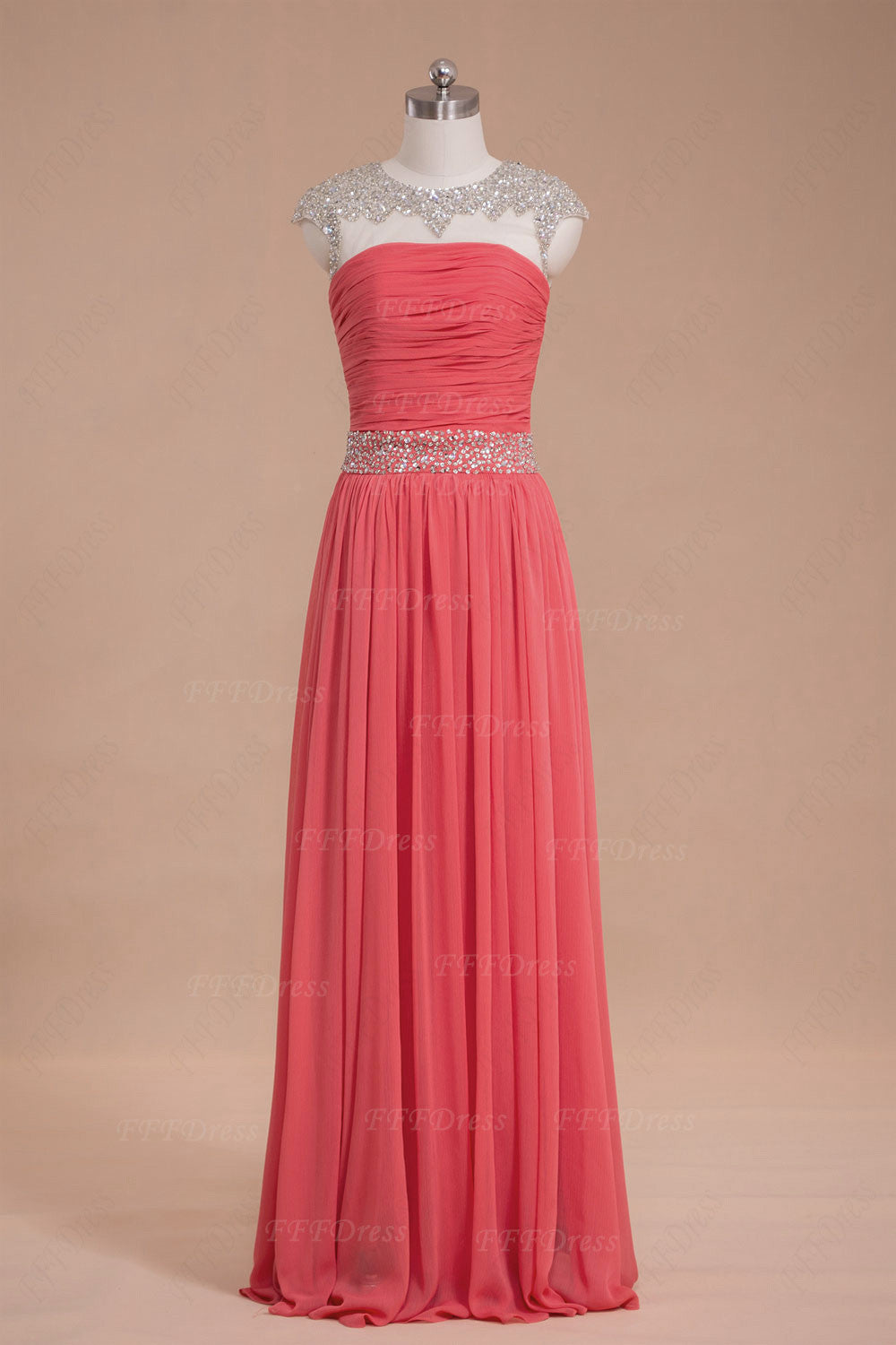 Modest Beaded Crystals Coral Prom Dresses Long