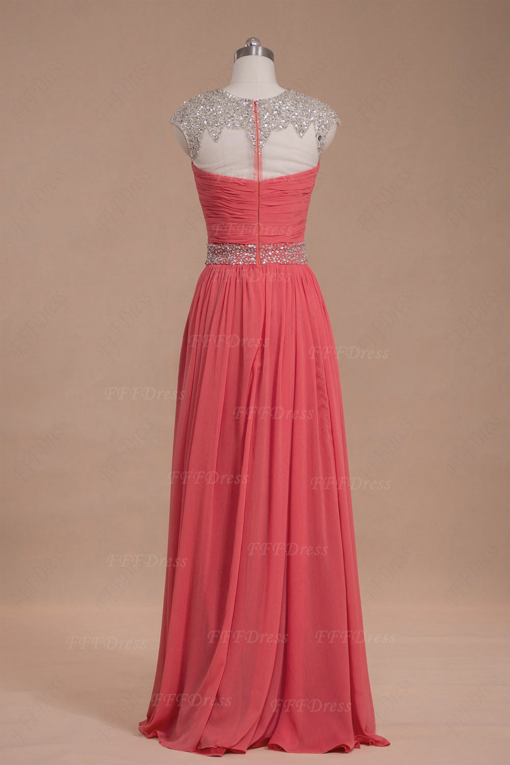 Modest Beaded Crystals Coral Prom Dresses Long