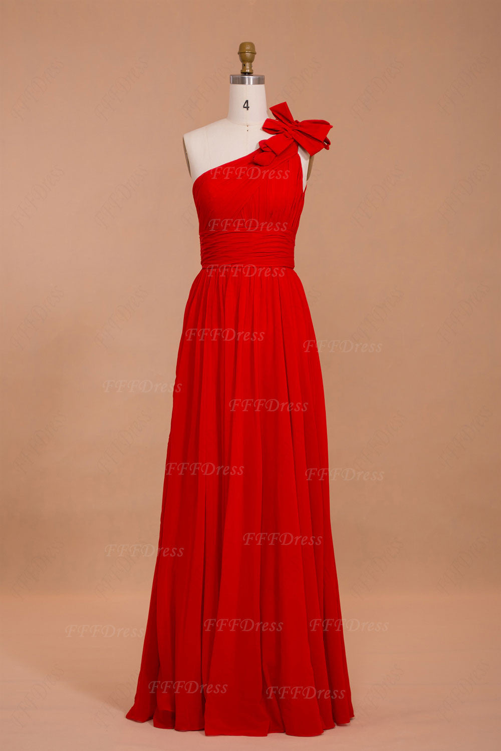 One shoulder red chiffon long prom dresses