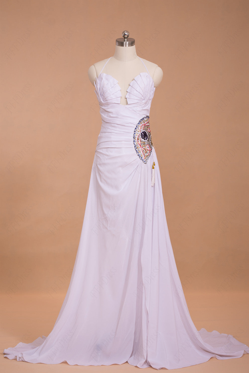 Halter Beaded White Long Prom Dresses with Slit