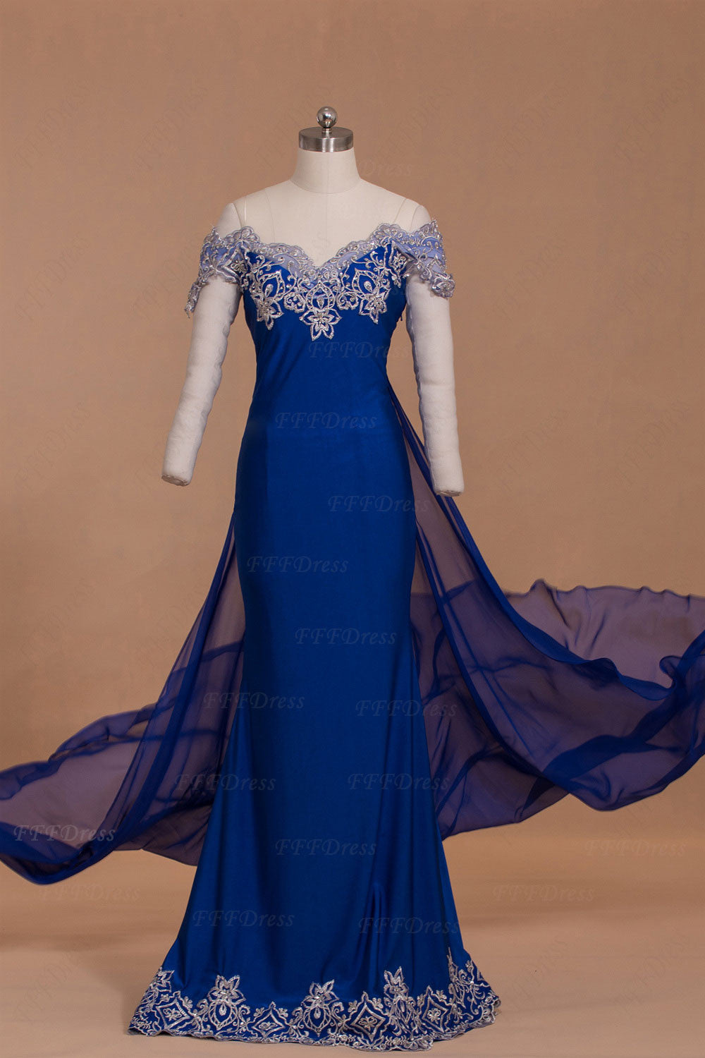 Off the shoulder royal blue mermaid prom dresses long with train