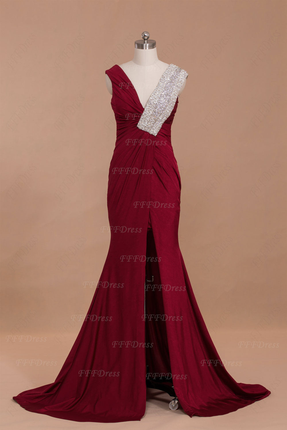 Burgundy mermaid crystal long prom dresses with slit