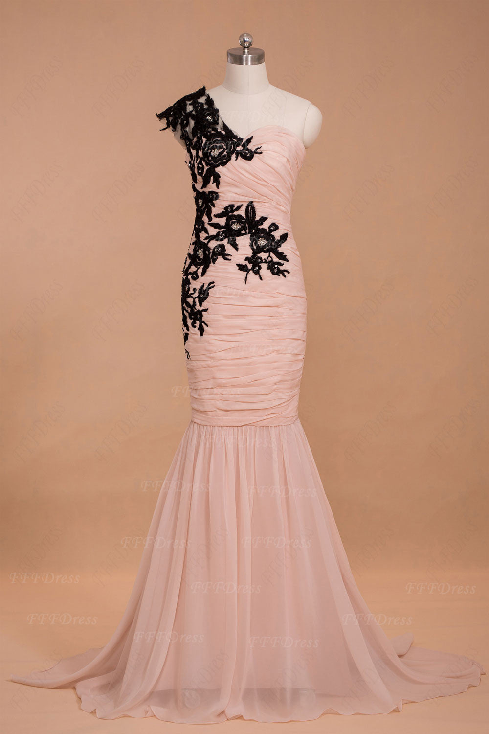 Black lace pink mermaid prom dresses long