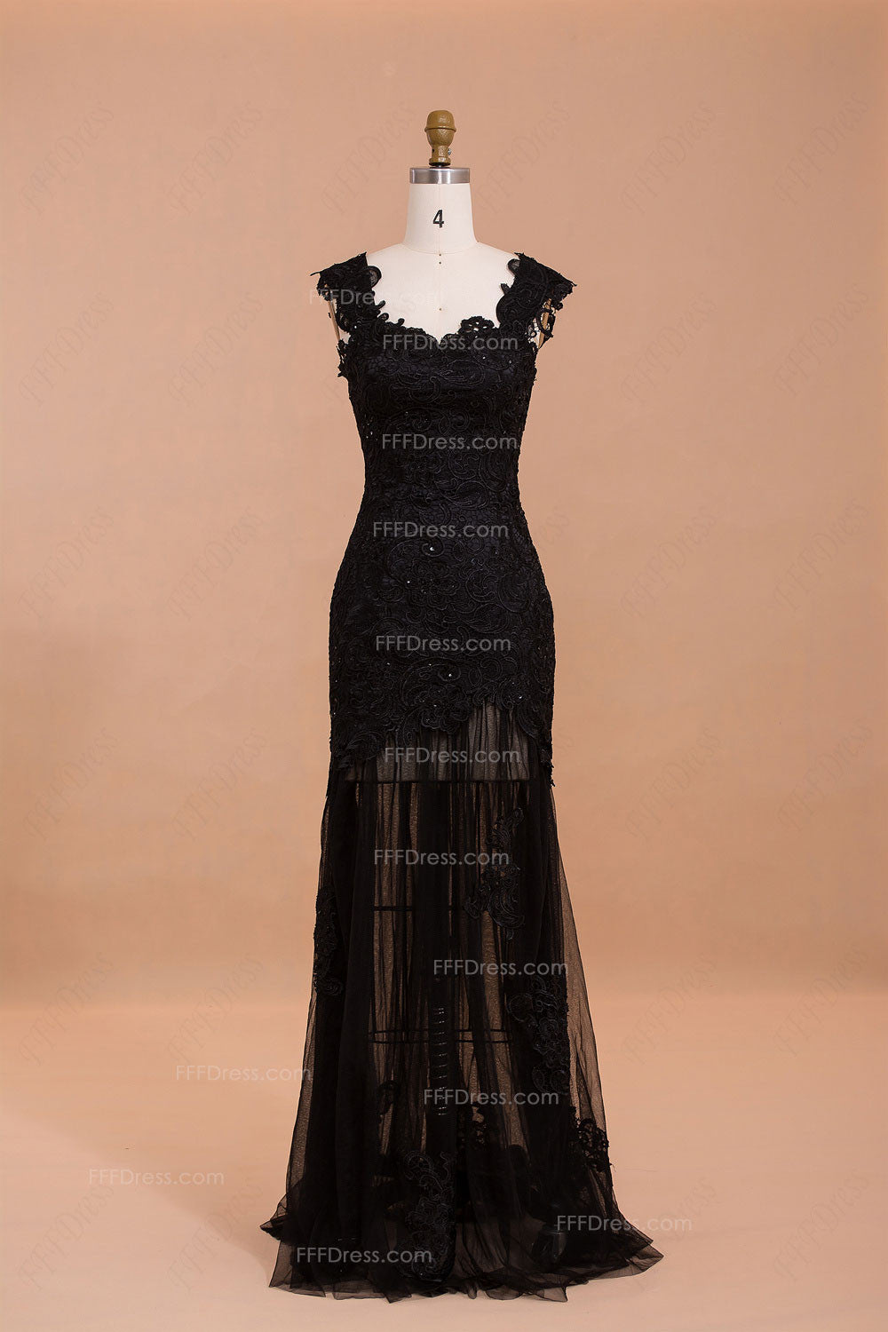 Trumpet beaded black lace prom dress with see through skirt