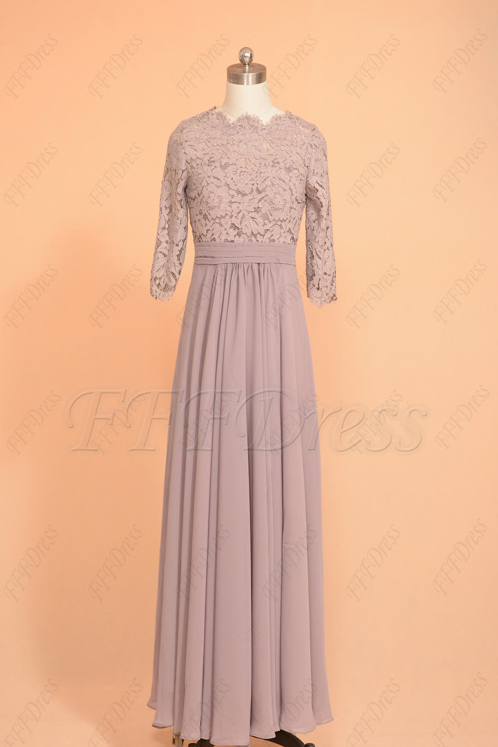 Dusty purple scalloped modest bridesmaid dresses with sleeves