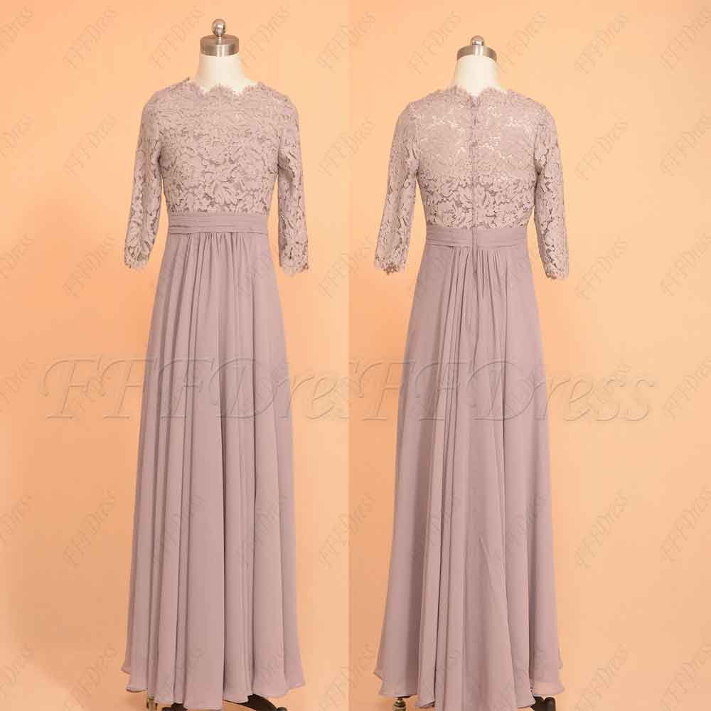 Dusty purple scalloped modest bridesmaid dresses with sleeves