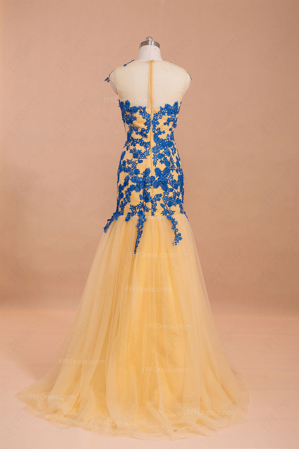 Modest Gold Blue Mermaid Prom Dresses cap sleeves