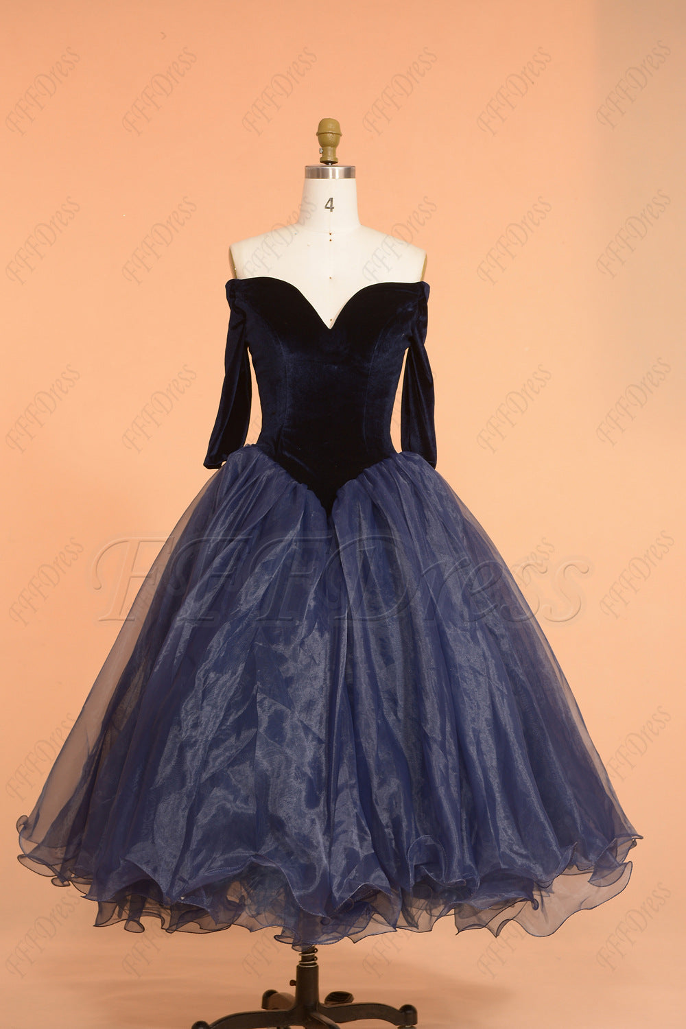 Navy blue vintage prom dresses tea length off the shoulder homecoming dress