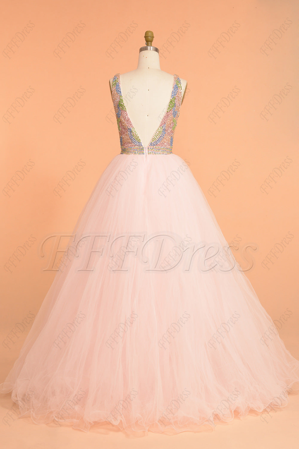 Crystal Beaded Pink Backless Prom Dress Long Ball Gown
