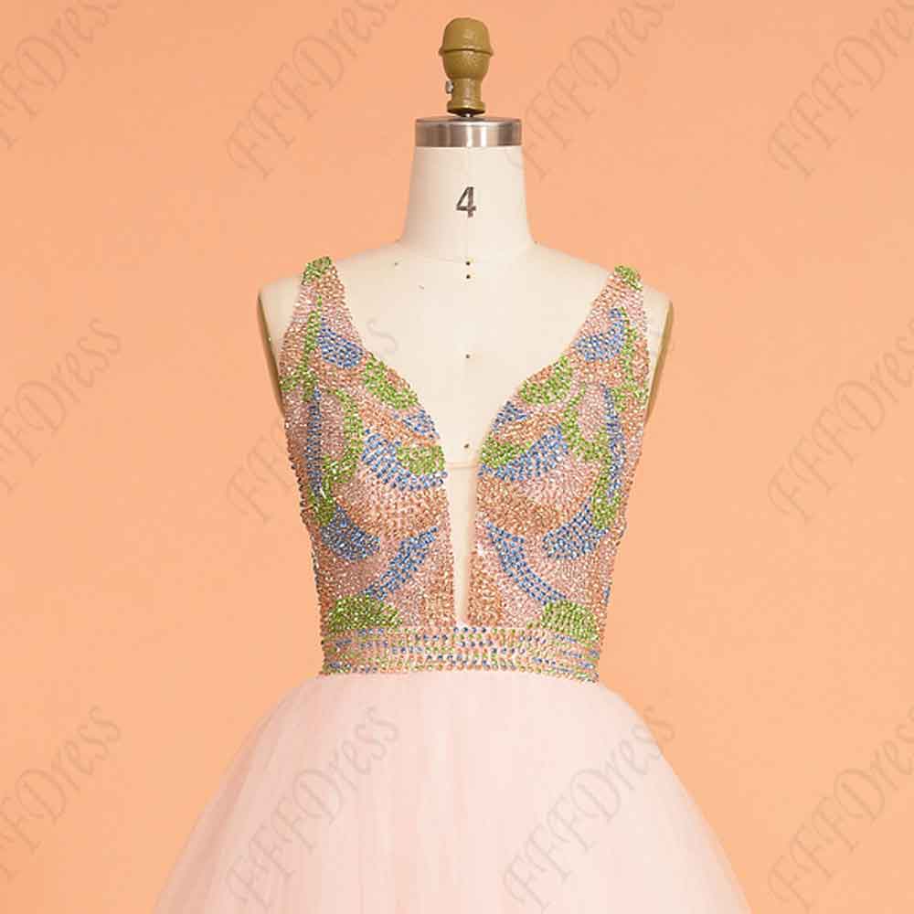 Crystal Beaded Pink Backless Prom Dress Long Ball Gown
