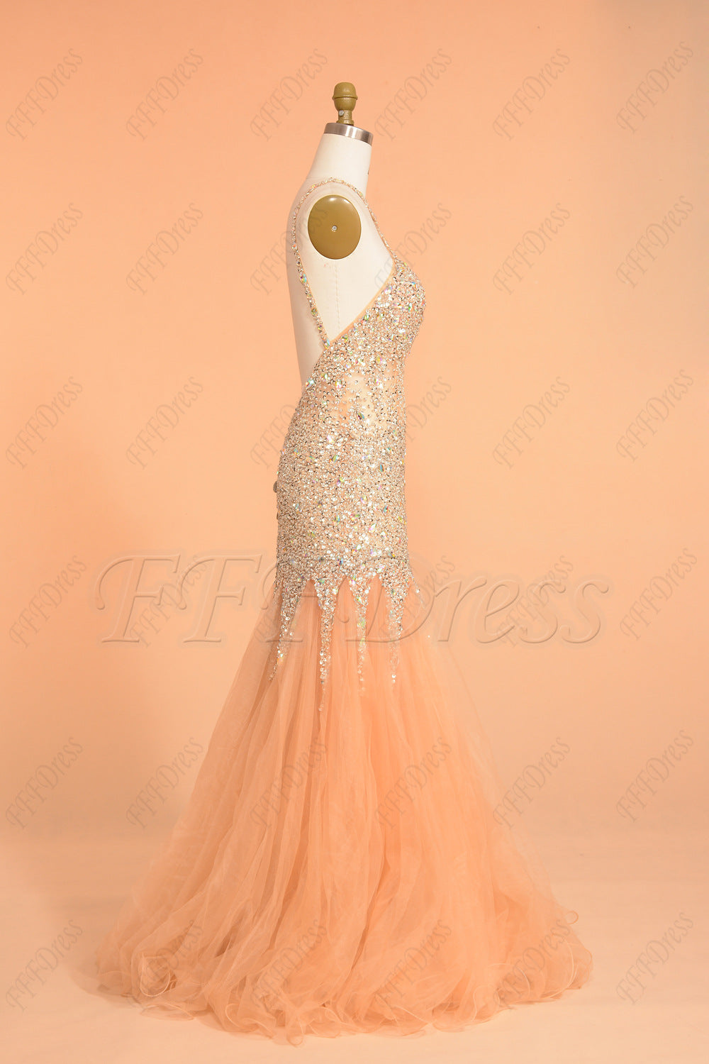 Backless Beaded Mermaid Long Prom Dresses Champagne