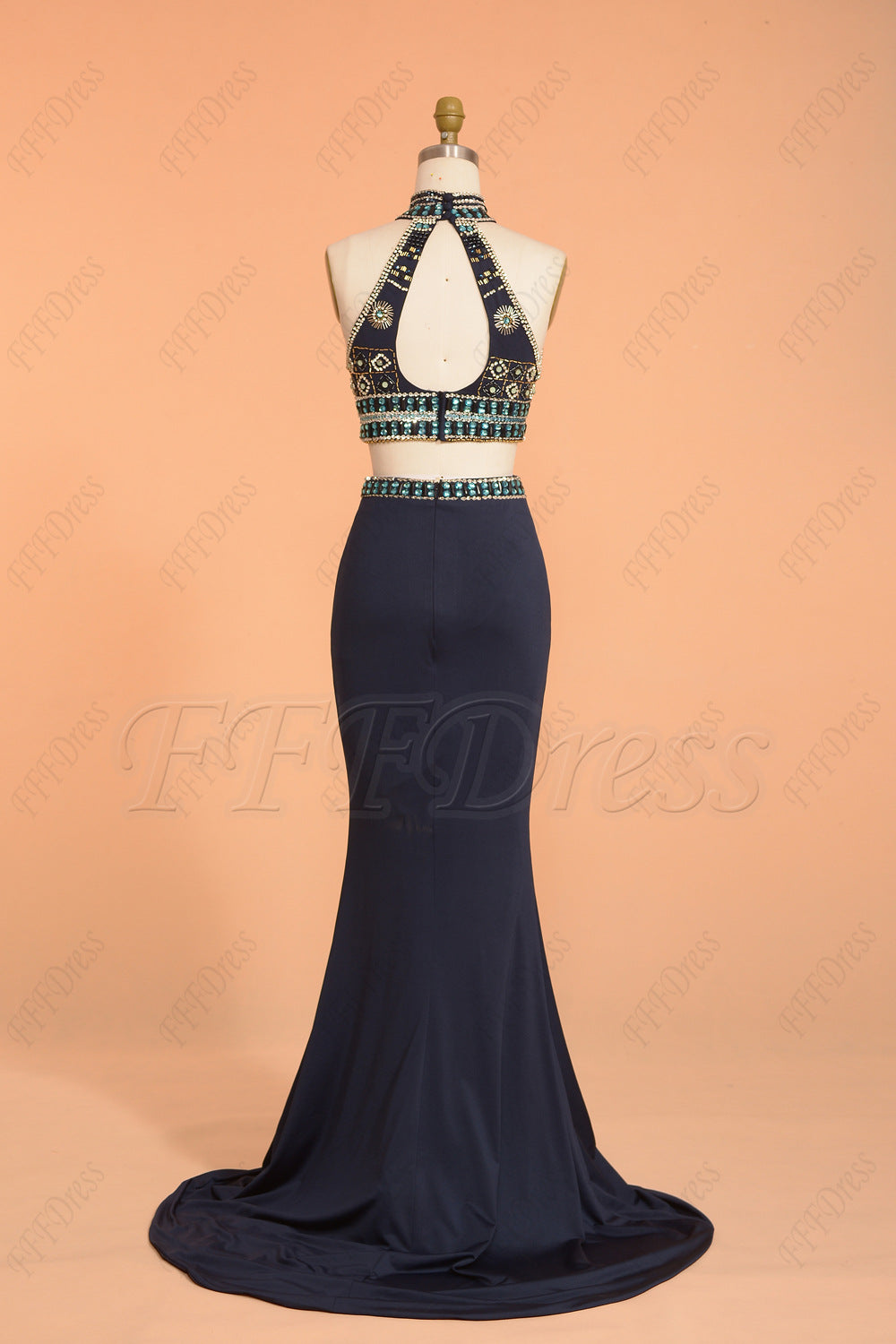 Beaded Navy Blue Two Piece Prom Dresses Long Mermaid Prom Dress