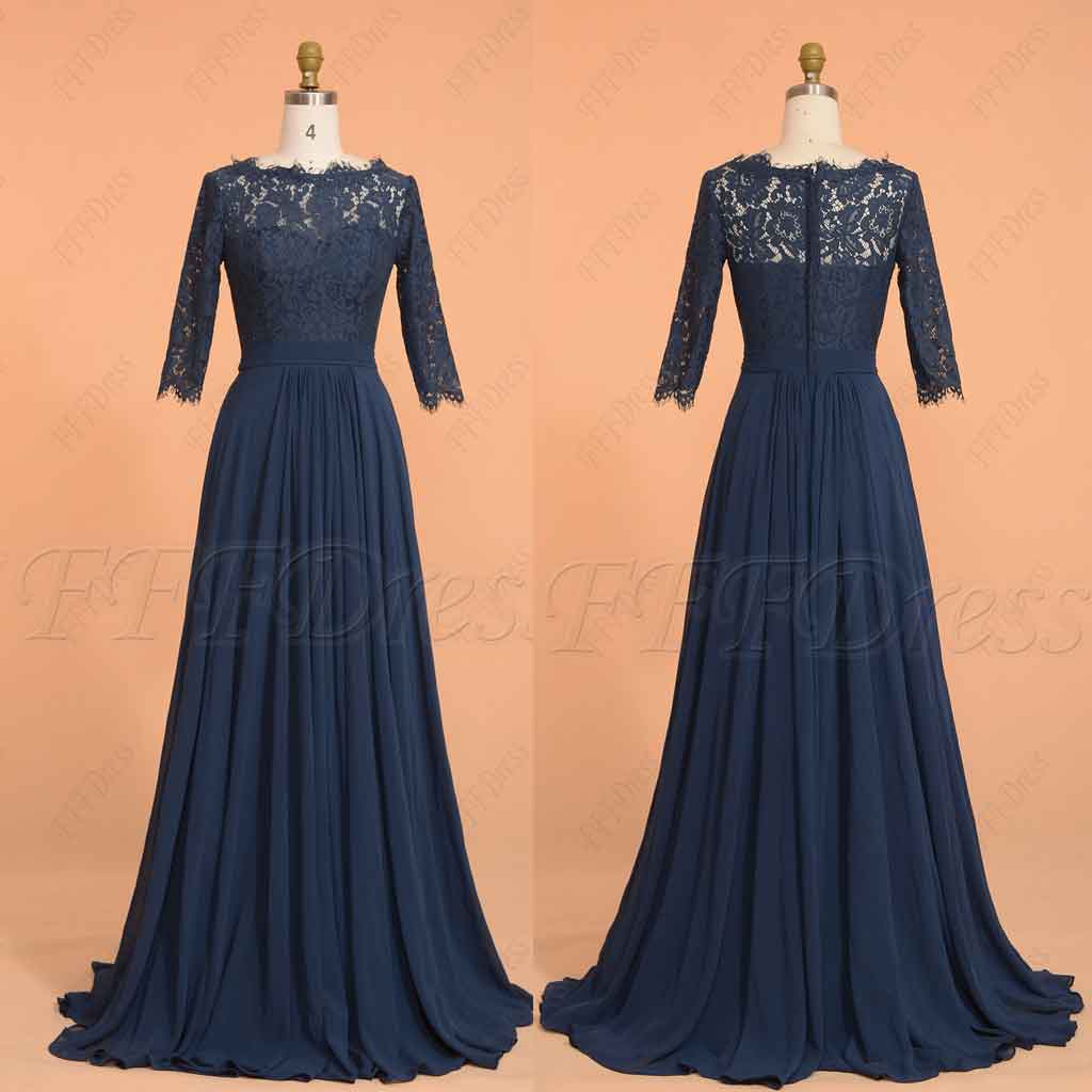 Navy blue modest prom dresses with sleeves long