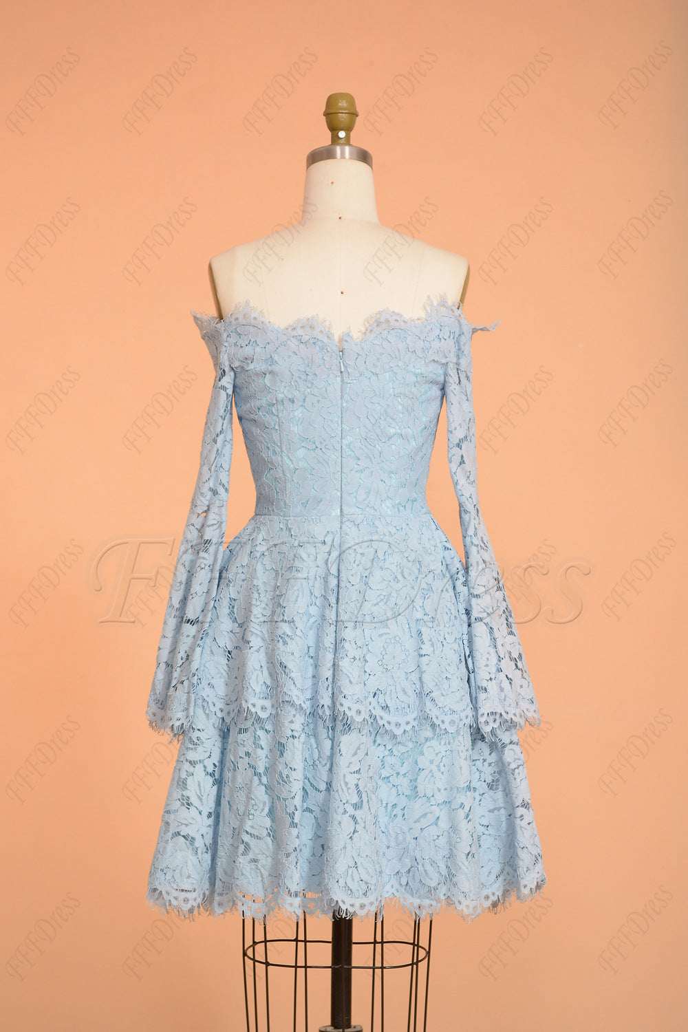 Light blue off the shoulder tiered short prom dress with long sleeves