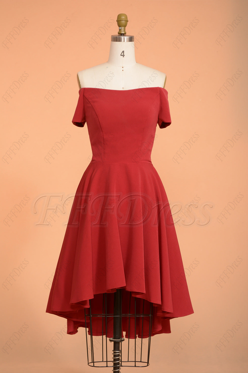 Claret Off the shoulder High low homecoming dress short sleeves