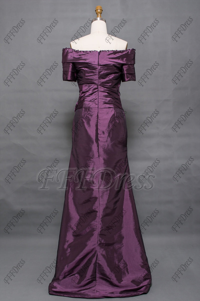 Purple off the shoulder mother of the bride dress with sleeves