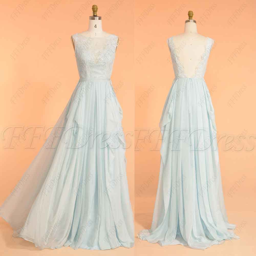 Light blue backless long prom dress