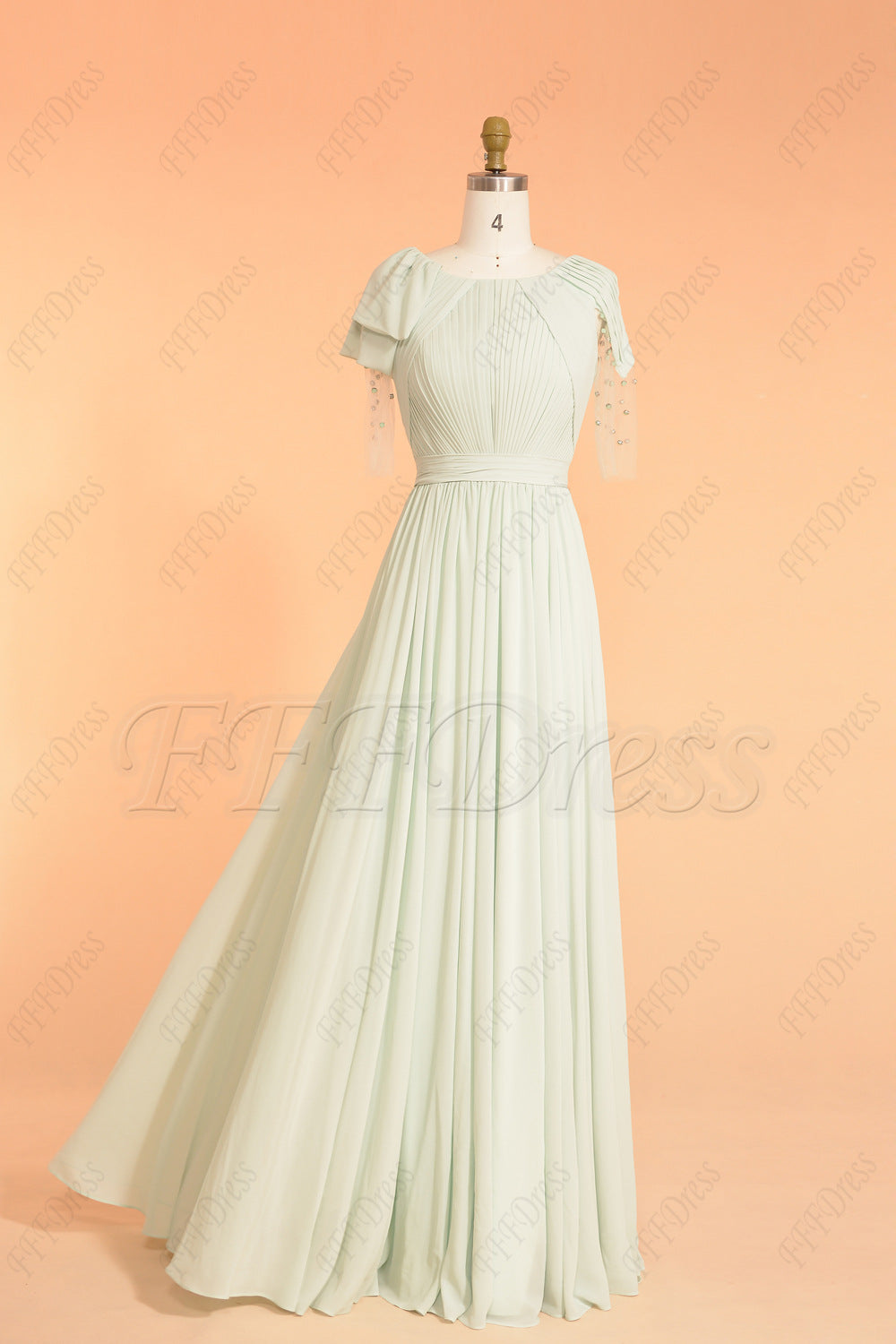 Pastel green modest prom dresses elbow sleeves