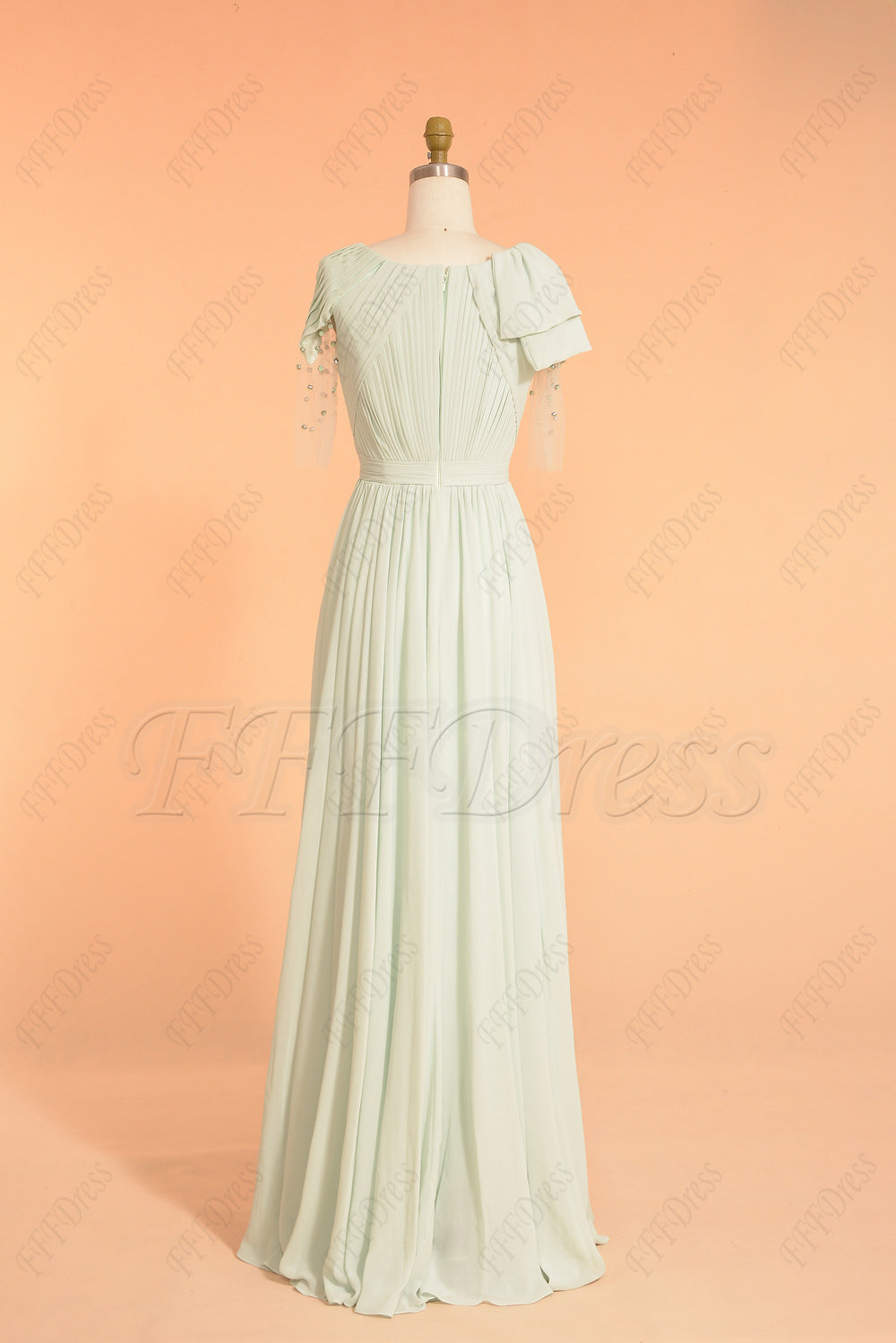 Pastel green modest prom dresses elbow sleeves