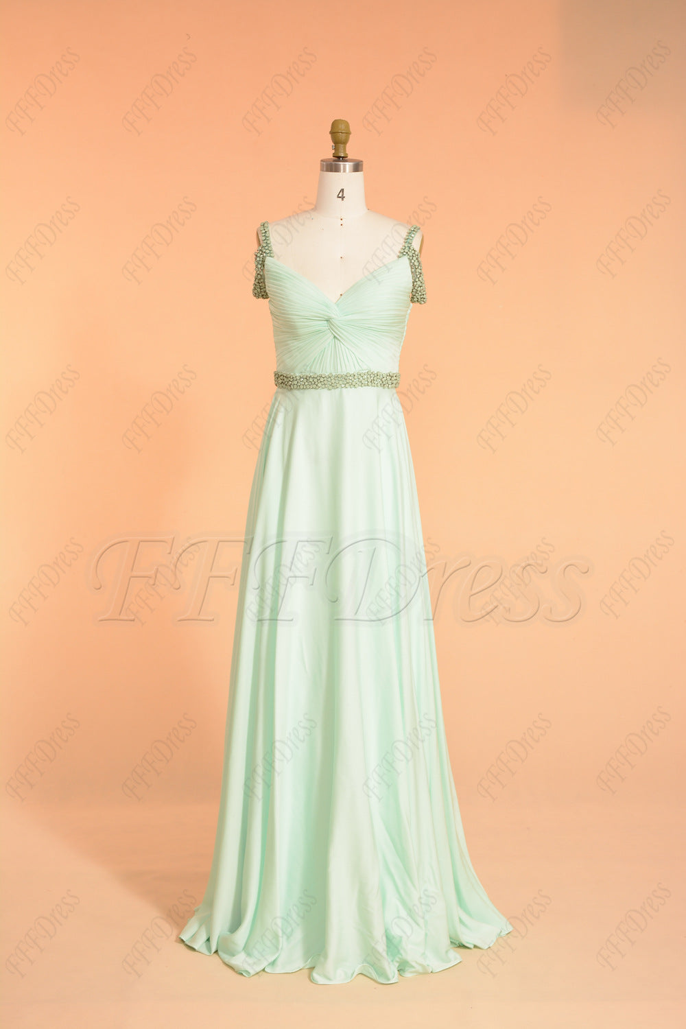 Pastel green beaded long prom dresses off the shoulder