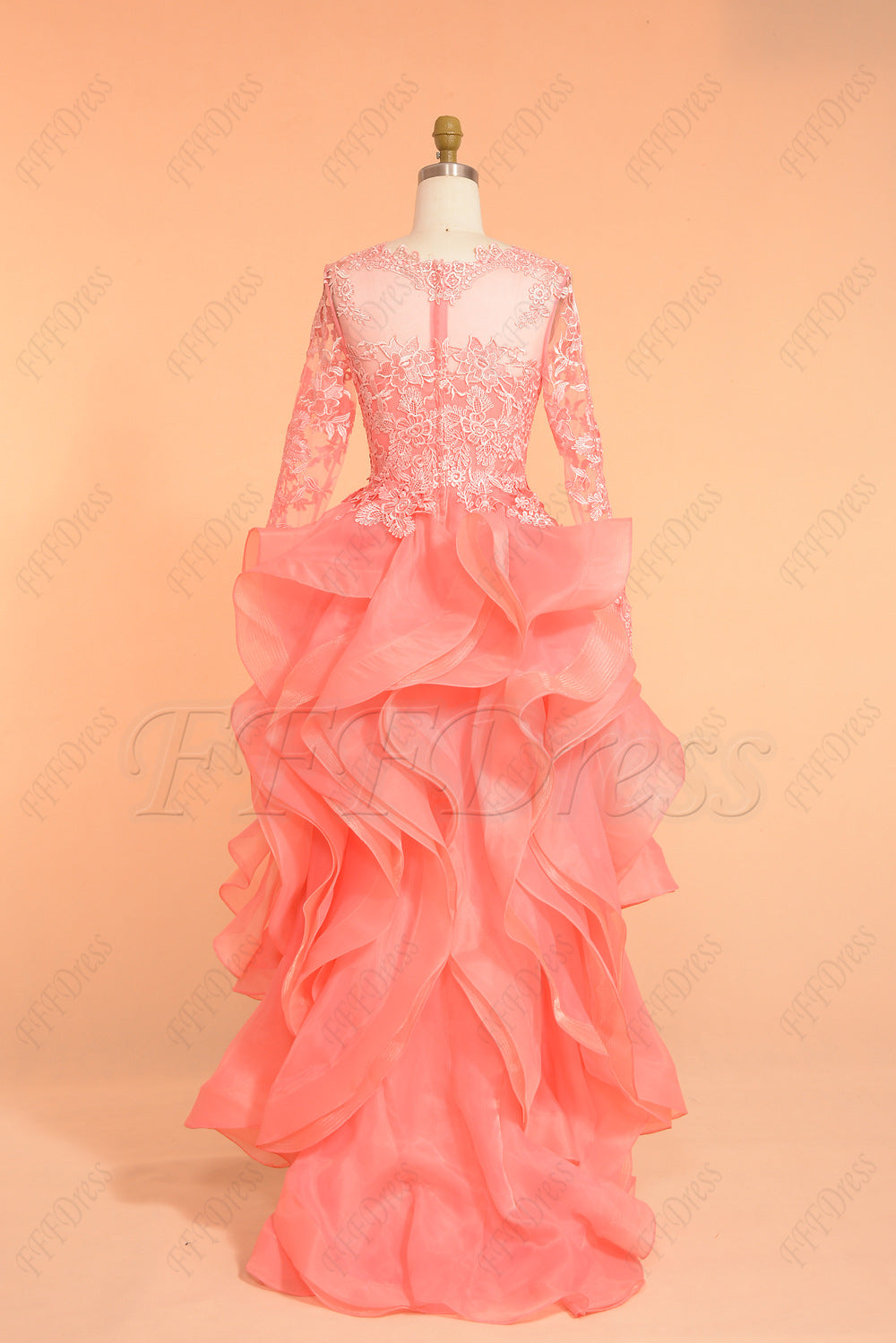 Coral High Low Prom Dresses Long Sleeves Homecoming Dresses