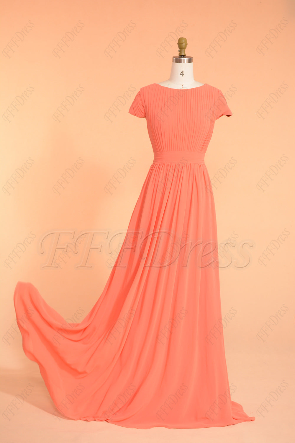 Coral modest long prom dress with sleeves