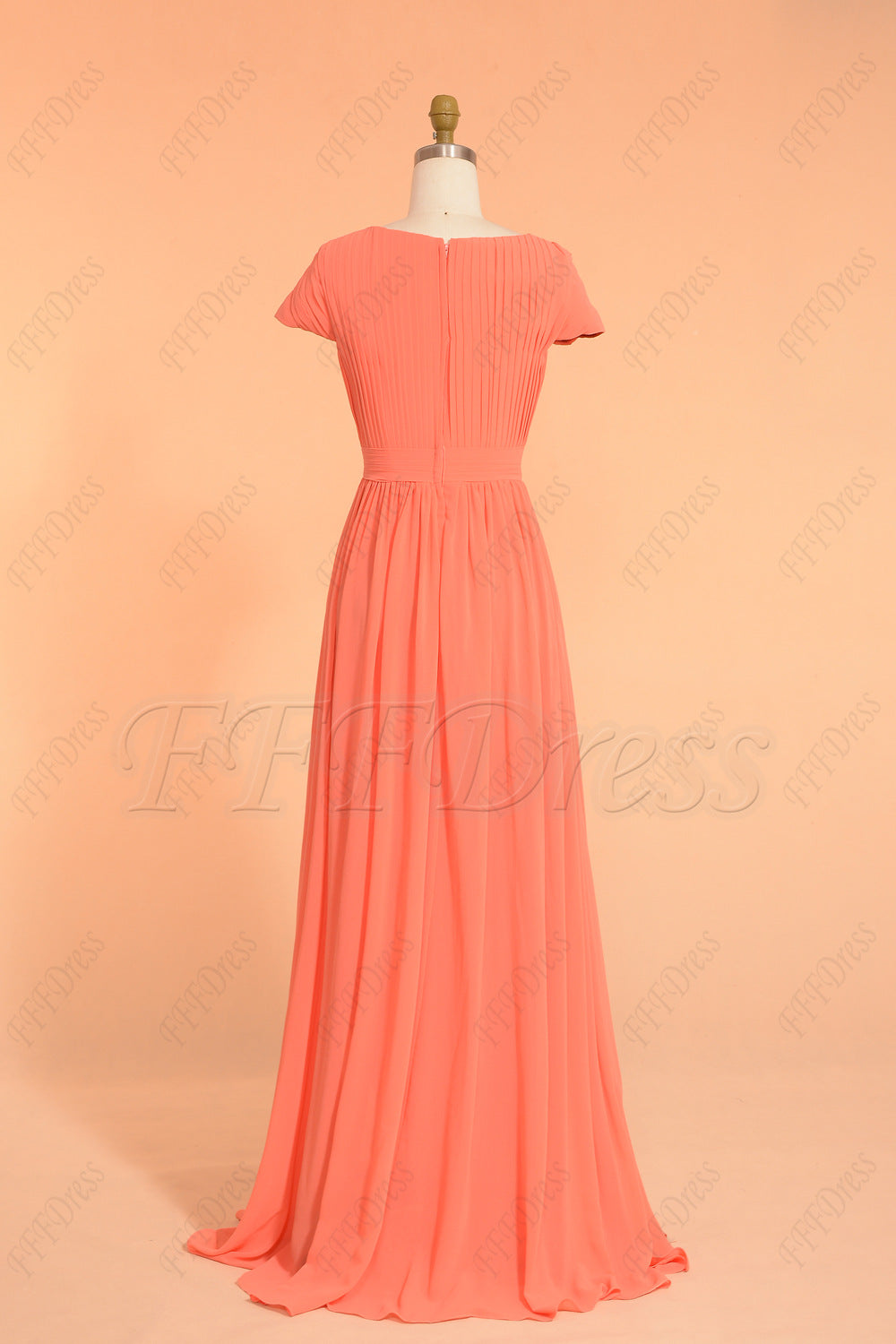 Coral modest long prom dress with sleeves