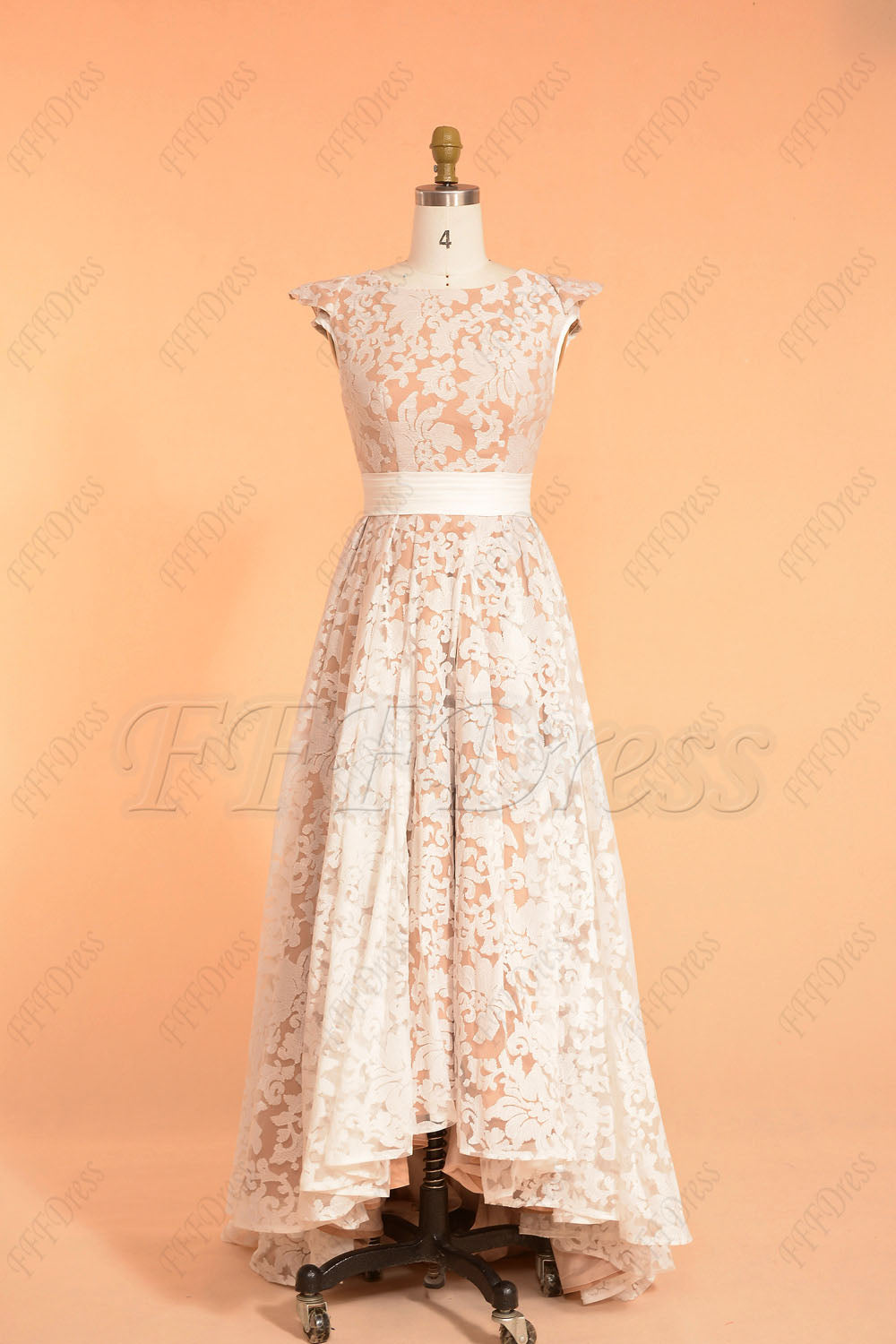 High low modest prom dresses champagne white cap sleeves