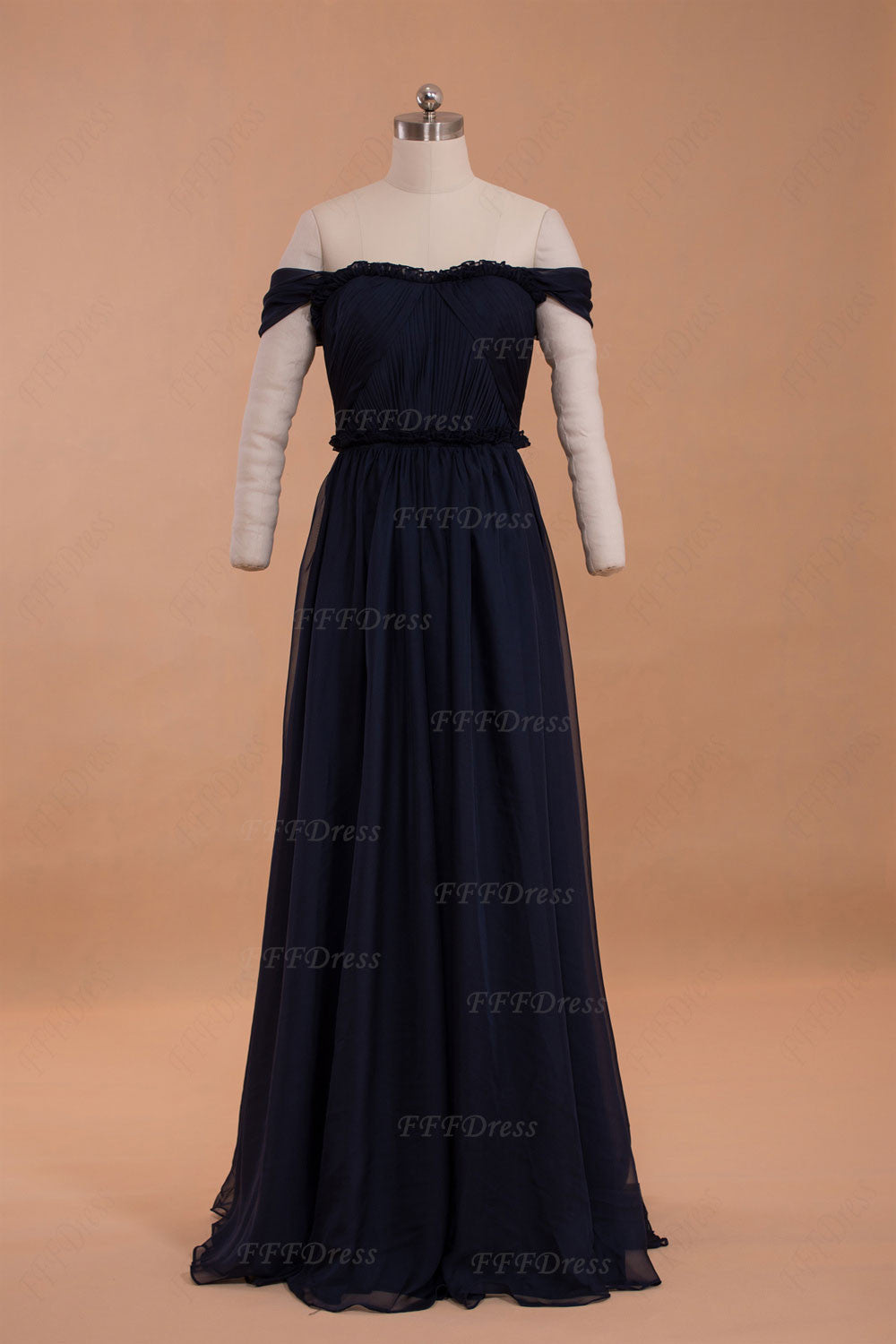 Dark navy blue off the shoulder prom dresses formal dresses with ruffles