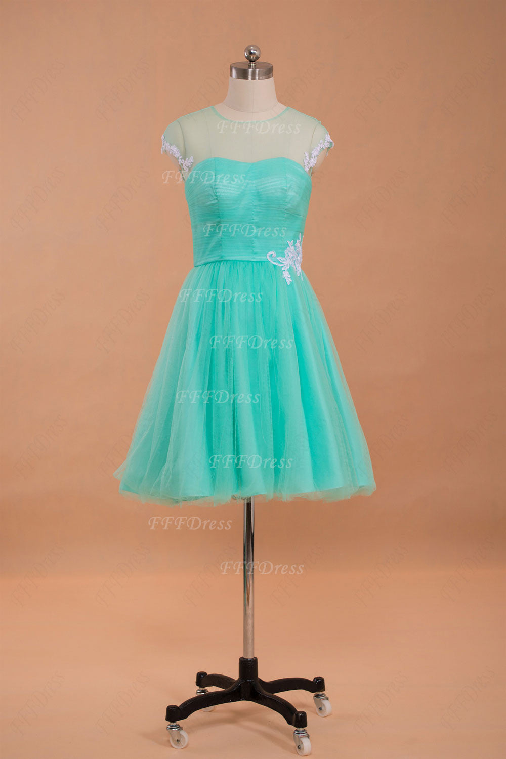Mint green short prom dress with white lace